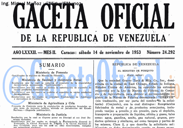 Gaceta Oficial 24292 del 14 Noviembre 1953