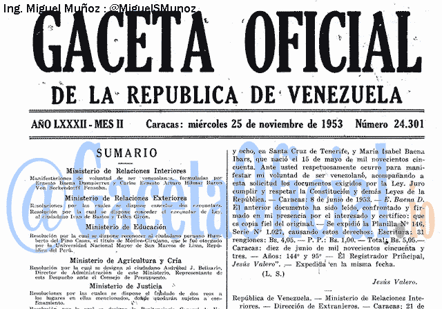 Gaceta Oficial 24301 del 25 Noviembre 1953