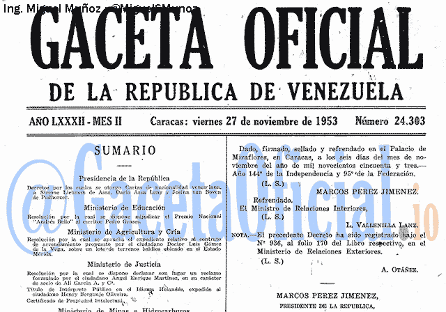Gaceta Oficial 24303 del 27 Noviembre 1953