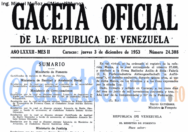 Gaceta Oficial 24308 del 3 Diciembre 1953
