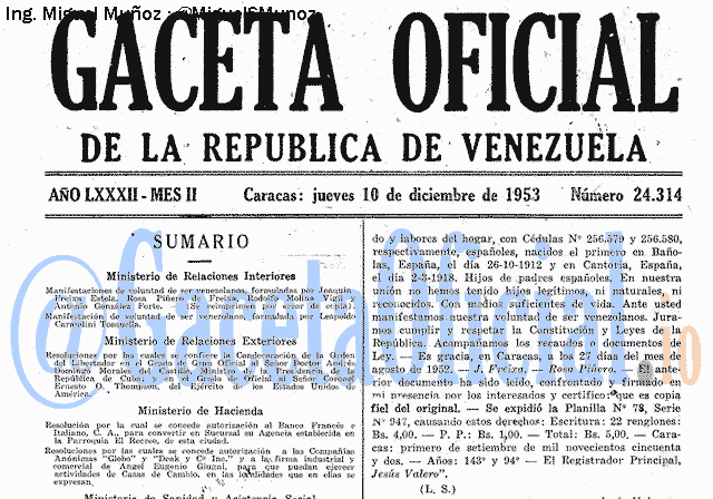 Gaceta Oficial 24314 del 10 Diciembre 1953