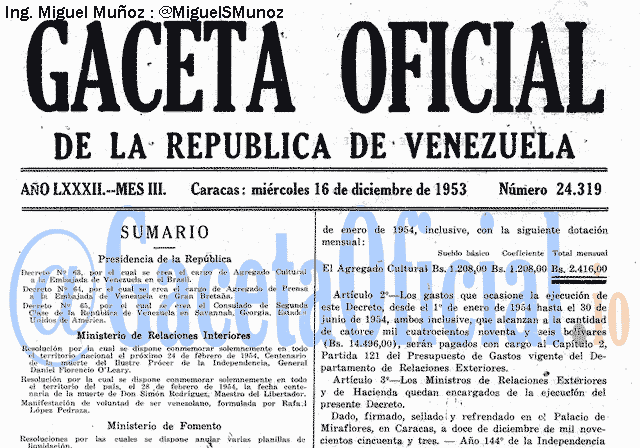 Gaceta Oficial 24319 del 16 Diciembre 1953