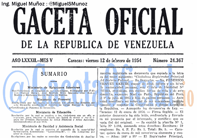 Gaceta Oficial 24367 del 12 Febrero 1954