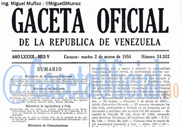 Gaceta Oficial 24382 del 2 Marzo 1954
