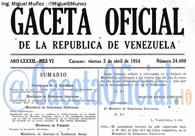 Gaceta Oficial 24409 del 2 Abril 1954