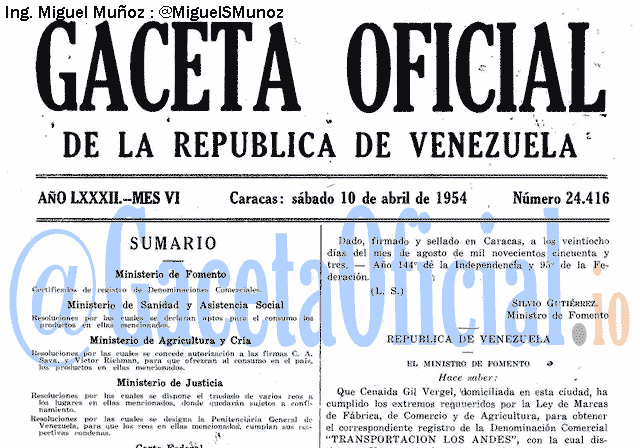 Gaceta Oficial 24416 del 10 Abril 1954
