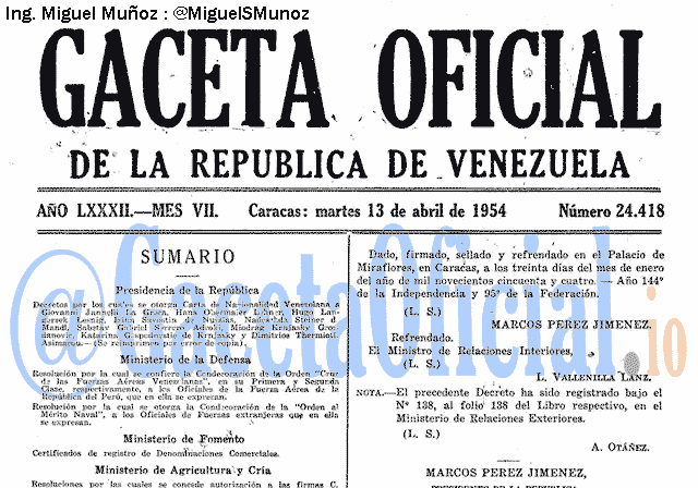Gaceta Oficial 24418 del 13 Abril 1954
