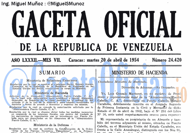 Gaceta Oficial 24420 del 20 Abril 1954