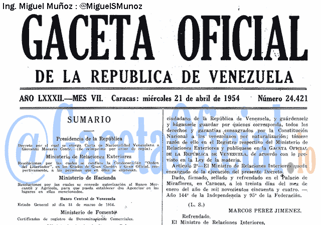 Gaceta Oficial 24421 del 21 Abril 1954