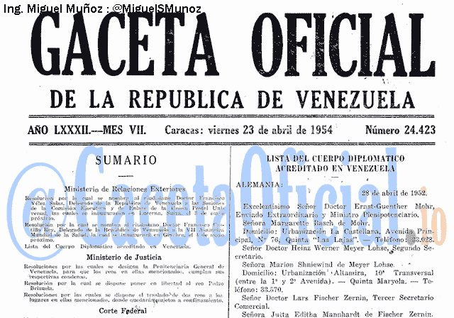 Gaceta Oficial 24423 del 23 Abril 1954