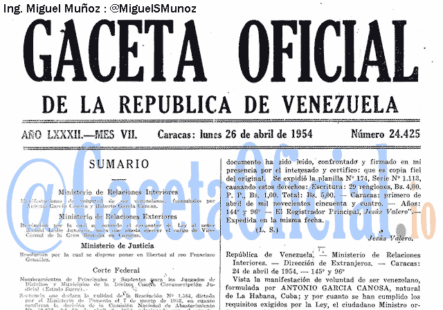 Gaceta Oficial 24425 del 26 Abril 1954