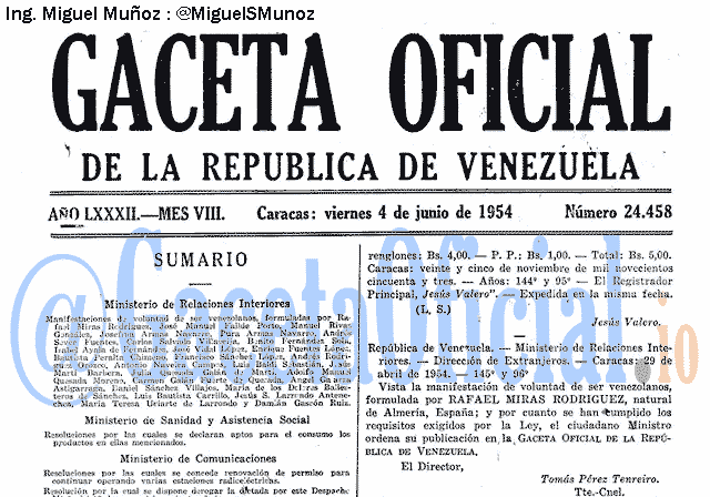 Gaceta Oficial 24458 del 4 Junio 1954
