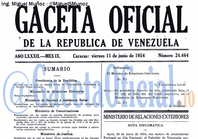 Gaceta Oficial 24464 del 11 Junio 1954