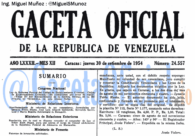 Gaceta Oficial 24557 del 30 Septiembre 1954