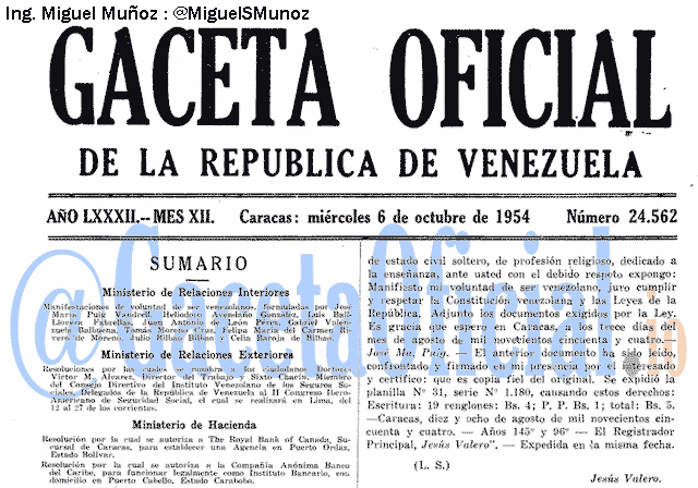 Gaceta Oficial 24562 del 6 Octubre 1954