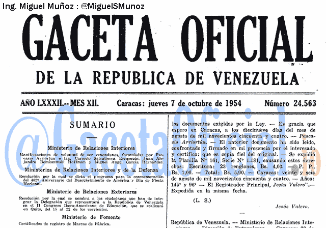 Gaceta Oficial 24563 del 7 Octubre 1954