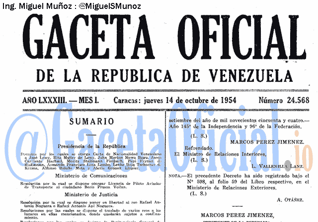 Gaceta Oficial 24568 del 14 Octubre 1954