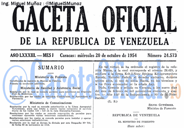 Gaceta Oficial 24573 del 20 Octubre 1954