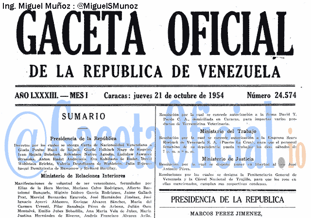 Gaceta Oficial 24574 del 21 Octubre 1954