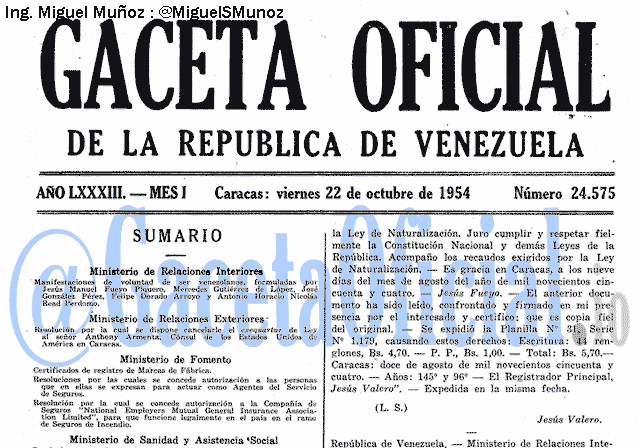 Gaceta Oficial 24575 del 22 Octubre 1954