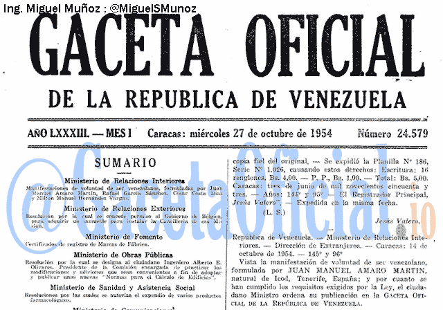 Gaceta Oficial 24579 del 27 Octubre 1954