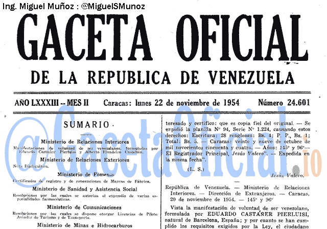 Gaceta Oficial 24601 del 22 Noviembre 1954