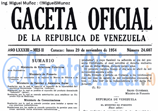Gaceta Oficial 24607 del 29 Noviembre 1954
