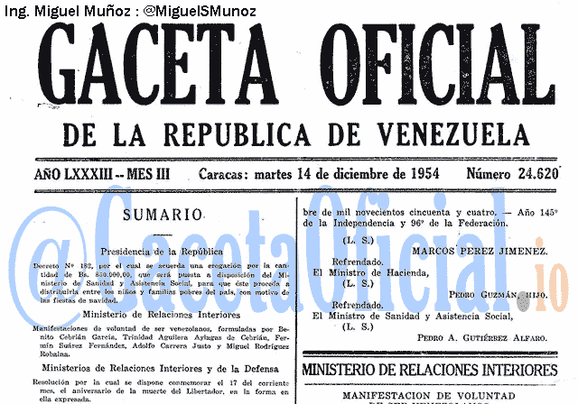 Gaceta Oficial 24620 del 14 Diciembre 1954