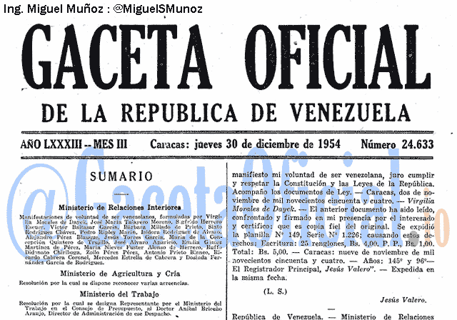 Gaceta Oficial 24633 del 30 Diciembre 1954