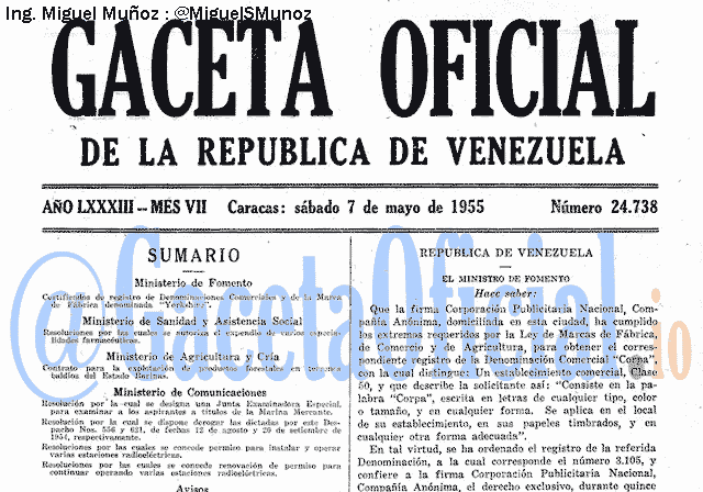 Gaceta Oficial 24738 del 7 Mayo 1955