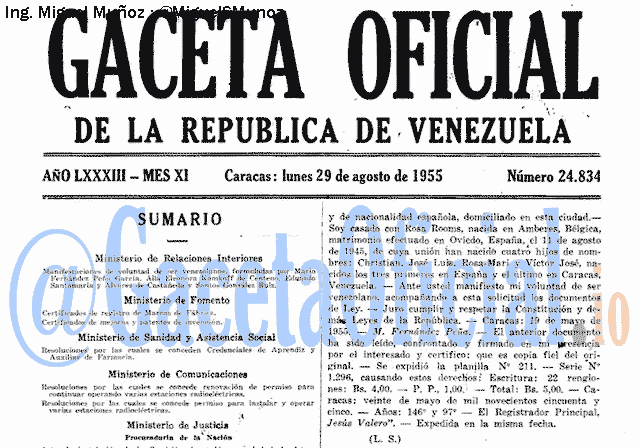 Gaceta Oficial 24834 del 29 Agosto 1955