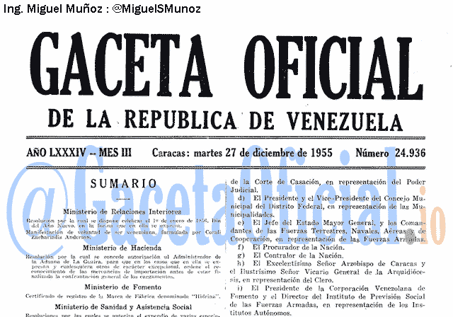 Gaceta Oficial 24936 del 27 Diciembre 1955