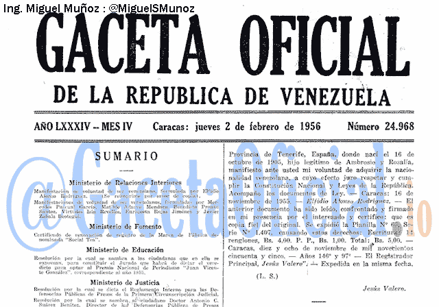 Gaceta Oficial 24968 del 2 Febrero 1956