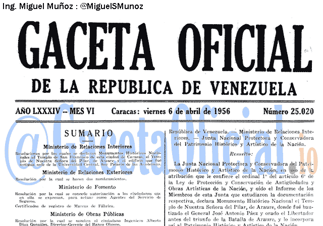 Gaceta Oficial 25020 del 6 Abril 1956