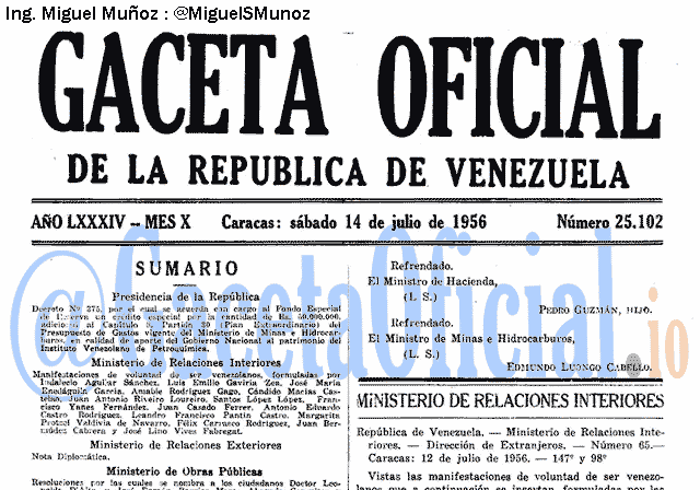 Gaceta Oficial 25102 del 14 Julio 1956