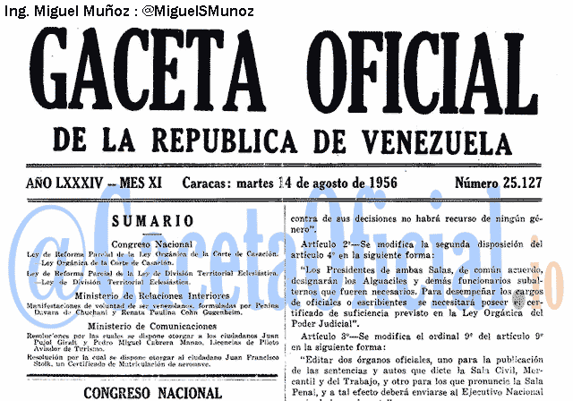 Gaceta Oficial 25127 del 14 Agosto 1956