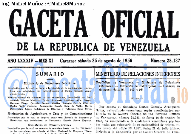 Gaceta Oficial 25137 del 25 Agosto 1956