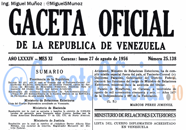 Gaceta Oficial 25138 del 27 Agosto 1956