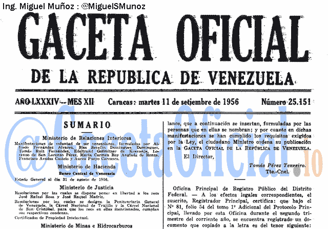 Gaceta Oficial 25151 del 11 Septiembre 1956