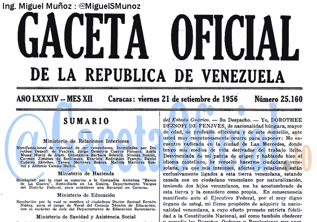 Gaceta Oficial 25160 del 21 Septiembre 1956