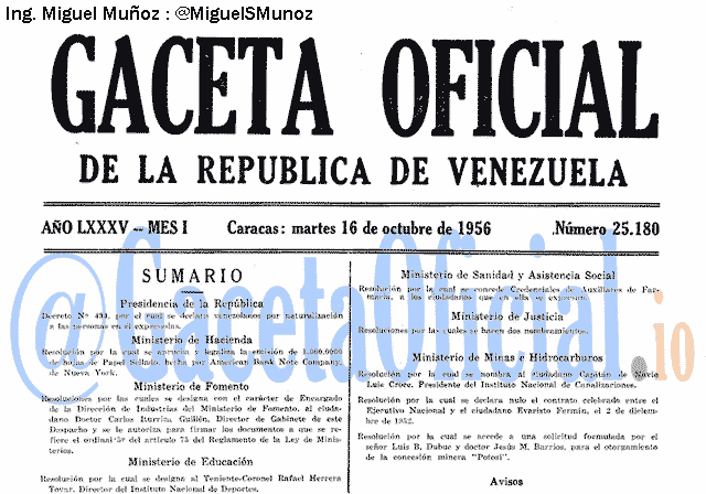 Gaceta Oficial 25180 del 16 Octubre 1956