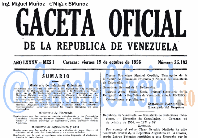 Gaceta Oficial 25183 del 19 Octubre 1956