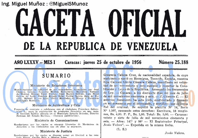 Gaceta Oficial 25188 del 25 Octubre 1956