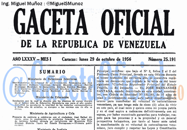 Gaceta Oficial 25191 del 29 Octubre 1956