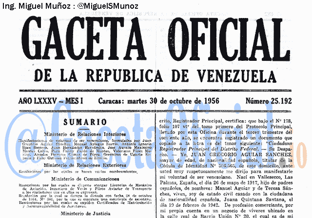 Gaceta Oficial 25192 del 30 Octubre 1956