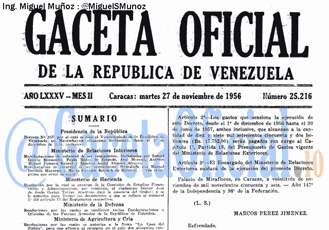 Gaceta Oficial 25216 del 27 Noviembre 1956
