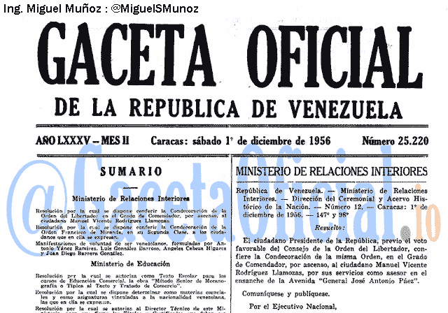 Gaceta Oficial 25220 del 1 Diciembre 1956