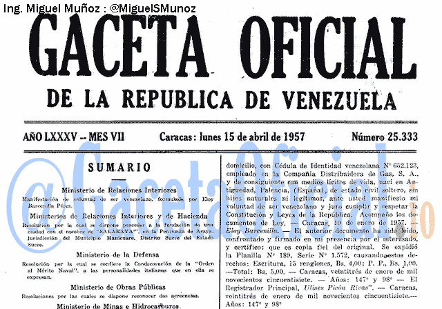 Gaceta Oficial 25333 del 15 Abril 1957