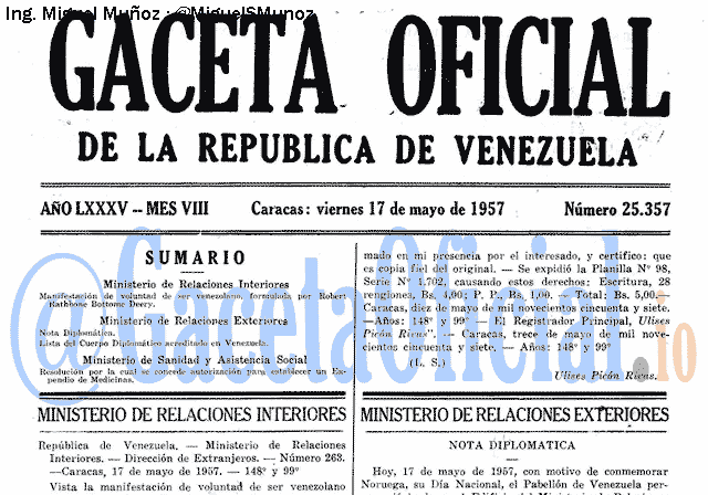 Gaceta Oficial 25357 del 17 Mayo 1957