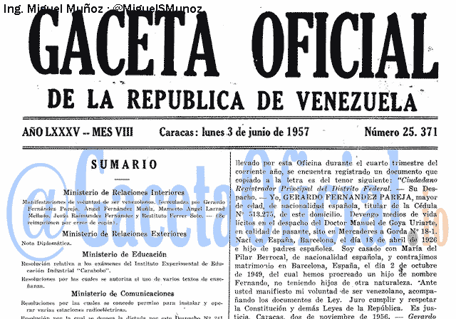 Gaceta Oficial 25371 del 3 Junio 1957